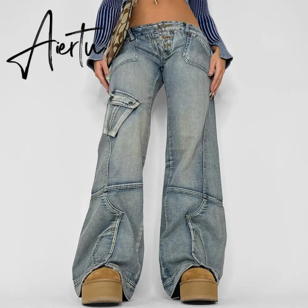 Grunge Retro Baggy Jeans Y2k Streetwear Low Rise Stitched Wide Leg Denim Cargo Pants Basic Mom Jean Casual Women Outfits Aiertu