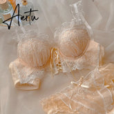 Half a cup of non-wireless bra briefs women lingerie embroidery sweet cross ribbon bowknot sexy push up bralette underwear set Aiertu