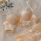 Half a cup of non-wireless bra briefs women lingerie embroidery sweet cross ribbon bowknot sexy push up bralette underwear set Aiertu
