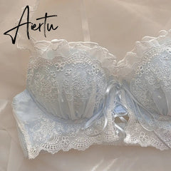 Half a cup of non-wireless bra briefs women lingerie embroidery sweet cross ribbon bowknot sexy push up bralette underwear set Aiertu