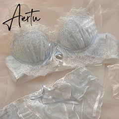 Half a cup of non-wireless bra briefs women lingerie embroidery sweet cross ribbon bowknot sexy push up bralette underwear set Aiertu