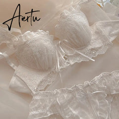 Half a cup of non-wireless bra briefs women lingerie embroidery sweet cross ribbon bowknot sexy push up bralette underwear set Aiertu