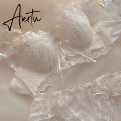Half a cup of non-wireless bra briefs women lingerie embroidery sweet cross ribbon bowknot sexy push up bralette underwear set Aiertu