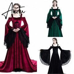 Halloween Cosplay Costume for Women Medieval Renaissance Gothic Witch Lace Fairy Dress Vampire Vintage Black Maxi Vestido New Aiertu