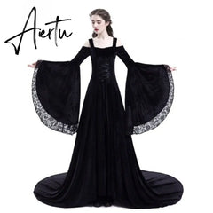 Halloween Cosplay Costume for Women Medieval Renaissance Gothic Witch Lace Fairy Dress Vampire Vintage Black Maxi Vestido New Aiertu
