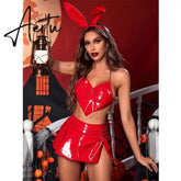 Halloween Lingerie Bunny Latex Cosplay Sexy Costumes 4-Piece Thongs Halter Leather Sissy Underwear Nightclub Outfit Aiertu
