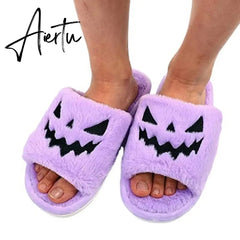 Halloween Pumpkin Lantern Slippers Autumn Soft Furry Comfort Closed Toe Slides Women Size 43 Outdoor Slippers Zapatos Mujer Aiertu