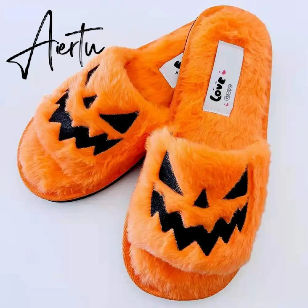 Halloween Pumpkin Lantern Slippers Autumn Soft Furry Comfort Closed Toe Slides Women Size 43 Outdoor Slippers Zapatos Mujer Aiertu
