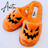Halloween Pumpkin Lantern Slippers Autumn Soft Furry Comfort Closed Toe Slides Women Size 43 Outdoor Slippers Zapatos Mujer Aiertu