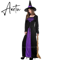 Halloween Witch Vampire Costumes for Women Adult Scary Purple Carnival Party Performance Drama Masquerade Clothing with Hat Aiertu