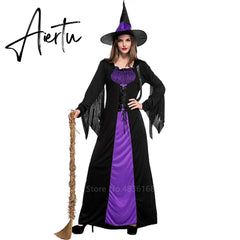 Halloween Witch Vampire Costumes for Women Adult Scary Purple Carnival Party Performance Drama Masquerade Clothing with Hat Aiertu