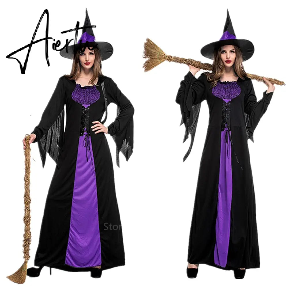 Halloween Witch Vampire Costumes for Women Adult Scary Purple Carnival Party Performance Drama Masquerade Clothing with Hat Aiertu
