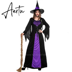 Halloween Witch Vampire Costumes for Women Adult Scary Purple Carnival Party Performance Drama Masquerade Clothing with Hat Aiertu