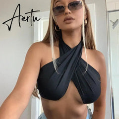 Halter Sexy Strapless Tank Tops Black Sleeveless Wrap Short Crop Tops For Women Summer Top Fashion Ruched Tube Tanks Cropped Top Aiertu