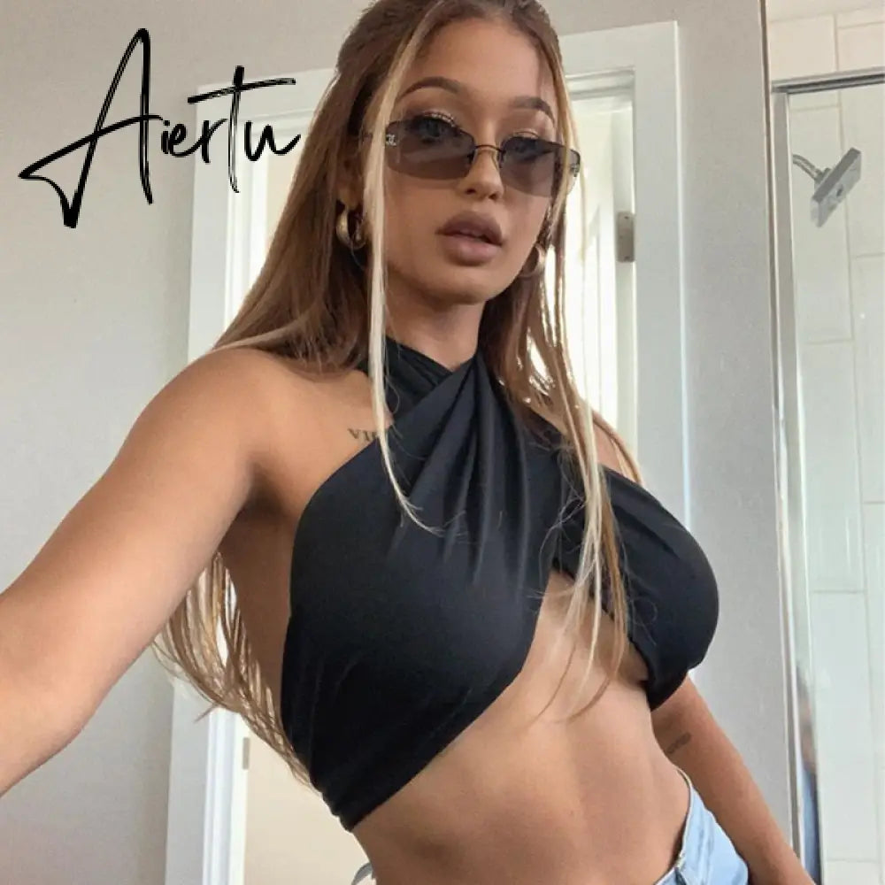 Halter Sexy Strapless Tank Tops Black Sleeveless Wrap Short Crop Tops For Women Summer Top Fashion Ruched Tube Tanks Cropped Top Aiertu