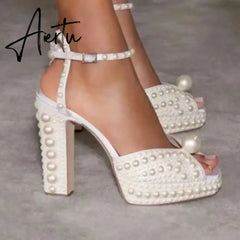 Handmade Beaded Thick Heel Fish Mouth Sandals 35-41 High Heel Waterproof Platform Women's Shoes Wedding Dress Luxury Pearl Aiertu
