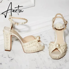 Handmade Beaded Thick Heel Fish Mouth Sandals 35-41 High Heel Waterproof Platform Women's Shoes Wedding Dress Luxury Pearl Aiertu