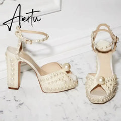 Handmade Beaded Thick Heel Fish Mouth Sandals 35-41 High Heel Waterproof Platform Women's Shoes Wedding Dress Luxury Pearl Aiertu