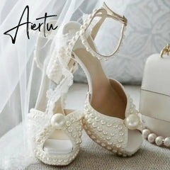 Handmade Beaded Thick Heel Fish Mouth Sandals 35-41 High Heel Waterproof Platform Women's Shoes Wedding Dress Luxury Pearl Aiertu