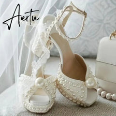 Handmade Beaded Thick Heel Fish Mouth Sandals 35-41 High Heel Waterproof Platform Women's Shoes Wedding Dress Luxury Pearl Aiertu