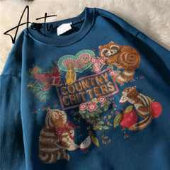 Harajuku Animal Cat Fun Print Sweatshirts Hoddies for Teens Girls Fashion Clothes Autumn New Streetwear Womens Winter Tops Aiertu