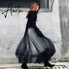 Harajuku Dark Style Mesh Chic A-Line Women Skirts Punk Style Ulzzang Lace Fashion Patchwork Faldas Mujer High Waist Skirt Female Aiertu