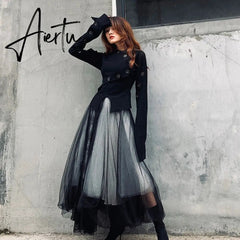 Harajuku Dark Style Mesh Chic A-Line Women Skirts Punk Style Ulzzang Lace Fashion Patchwork Faldas Mujer High Waist Skirt Female Aiertu
