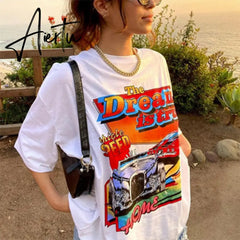 Harajuku Graphic T Shirts Summer Y2k T-shirt Pink Blue Letter Printing Women Car Moon Pattern Short Sleeve Tee-Shirts Female Top Aiertu