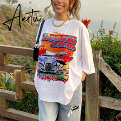 Harajuku Graphic T Shirts Summer Y2k T-shirt Pink Blue Letter Printing Women Car Moon Pattern Short Sleeve Tee-Shirts Female Top Aiertu