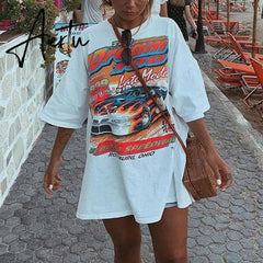 Harajuku Graphic T Shirts Summer Y2k T-shirt Pink Blue Letter Printing Women Car Moon Pattern Short Sleeve Tee-Shirts Female Top Aiertu