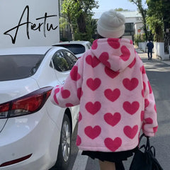 Harajuku Heart-shaped Print Plush Jacket Women Winter Korean Long Sleeve Hooded Coat Thick Warm Couple Streetwear Outerwear Aiertu