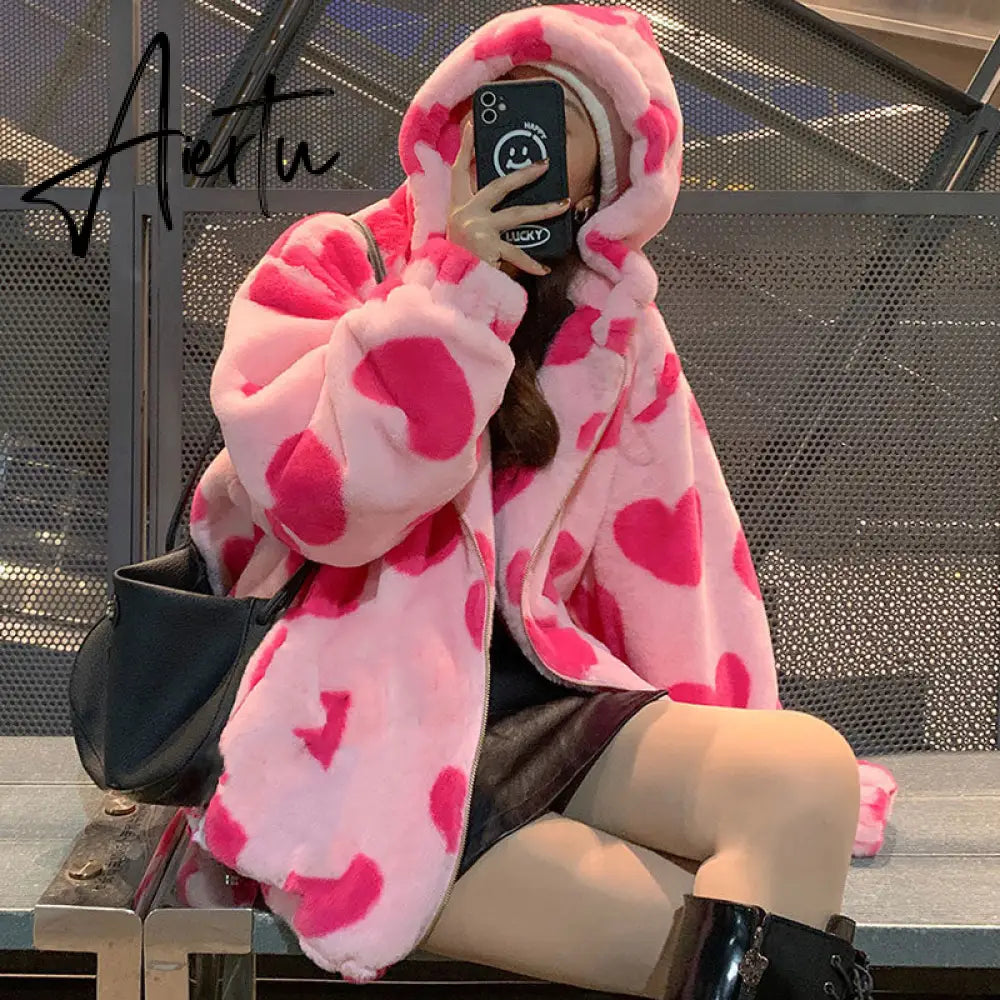 Harajuku Heart-shaped Print Plush Jacket Women Winter Korean Long Sleeve Hooded Coat Thick Warm Couple Streetwear Outerwear Aiertu