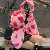 Harajuku Heart-shaped Print Plush Jacket Women Winter Korean Long Sleeve Hooded Coat Thick Warm Couple Streetwear Outerwear Aiertu