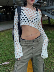Harajuku Knitted Crop Tops Y2K Vintage Crochet Hollow Out T-shirt 90s Vintage Grunge See-through Cover-Ups Crop Top Aiertu