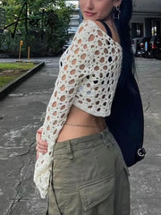 Harajuku Knitted Crop Tops Y2K Vintage Crochet Hollow Out T-shirt 90s Vintage Grunge See-through Cover-Ups Crop Top Aiertu