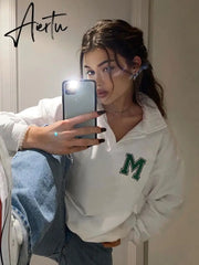Harajuku White Oversized Sweatshirt Women Korean Fashion Button Turn-down Collar Pullovers Loose Cute Top Clothes Iamhotty Aiertu