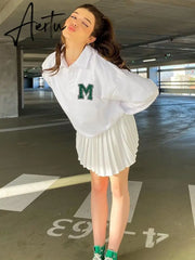Harajuku White Oversized Sweatshirt Women Korean Fashion Button Turn-down Collar Pullovers Loose Cute Top Clothes Iamhotty Aiertu