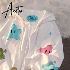 Harajuku Women Hoodies Y2k Star Patchwork Embroidery Zip Up Sweatshirt Gothic Oversized Hoodie Jacket Coat Streetwear Clothes Aiertu