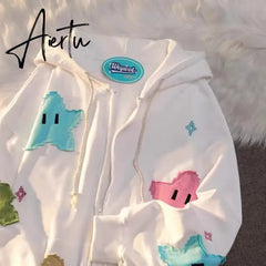 Harajuku Women Hoodies Y2k Star Patchwork Embroidery Zip Up Sweatshirt Gothic Oversized Hoodie Jacket Coat Streetwear Clothes Aiertu