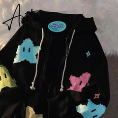 Harajuku Women Hoodies Y2k Star Patchwork Embroidery Zip Up Sweatshirt Gothic Oversized Hoodie Jacket Coat Streetwear Clothes Aiertu