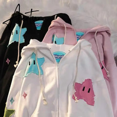 Harajuku Women Hoodies Y2k Star Patchwork Embroidery Zip Up Sweatshirt Gothic Oversized Hoodie Jacket Coat Streetwear Clothes Aiertu