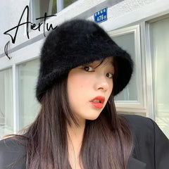 Hat winter women's fashion Solid color rabbit fur hat bucket cap fisherman's hat retro knitted wool basin Bucket Hat Aiertu