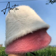 Hat winter women's fashion Solid color rabbit fur hat bucket cap fisherman's hat retro knitted wool basin Bucket Hat Aiertu