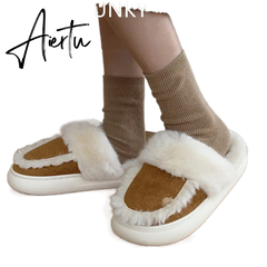 Hausschuhe Winter Shoes for Women Faux Fur Sherpa Slippers Indoor Home House Shoes Keep Warm Non-slip Short Plush Couple Shoes Aiertu