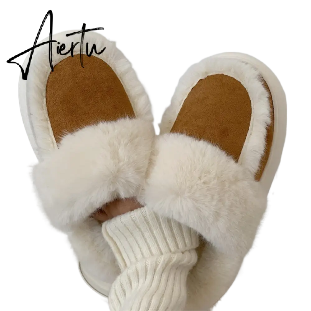 Hausschuhe Winter Shoes for Women Faux Fur Sherpa Slippers Indoor Home House Shoes Keep Warm Non-slip Short Plush Couple Shoes Aiertu