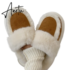Hausschuhe Winter Shoes for Women Faux Fur Sherpa Slippers Indoor Home House Shoes Keep Warm Non-slip Short Plush Couple Shoes Aiertu