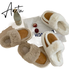 Hausschuhe Winter Shoes for Women Faux Fur Sherpa Slippers Indoor Home House Shoes Keep Warm Non-slip Short Plush Couple Shoes Aiertu