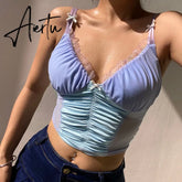 HEYounGIRL Summer Patchwork Mesh Sexy Crop Top T Shirt Ladies Backless Milkmaid Sleeveless Top Women V Neck Frill Tshirt Party Aiertu