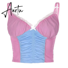 HEYounGIRL Summer Patchwork Mesh Sexy Crop Top T Shirt Ladies Backless Milkmaid Sleeveless Top Women V Neck Frill Tshirt Party Aiertu