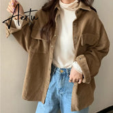 High quality corduroy jackets coats for women vintage khaki black beige thick shirt clothing female woolen spring tops outerwear Aiertu